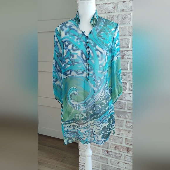 Ocean Wash Blue Green Silk Batik Fabric Top - Picture 1 of 16
